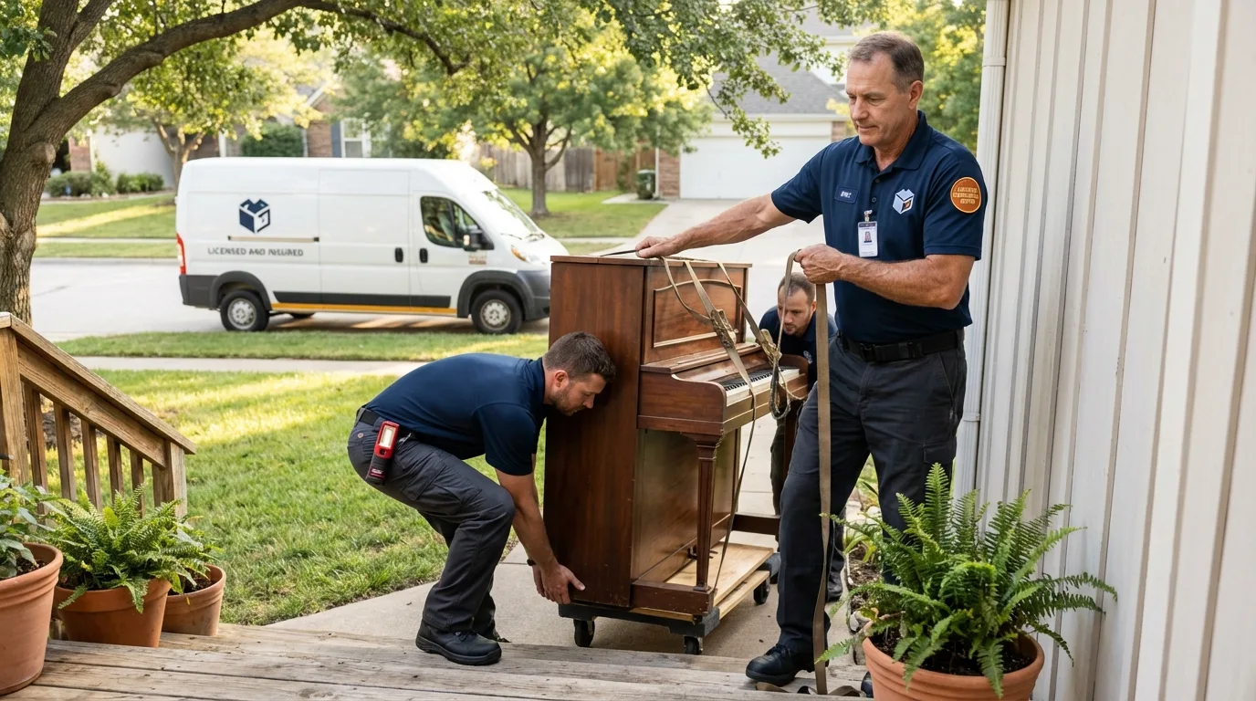Licensed piano movers securing grand piano in Wildwood, FL
