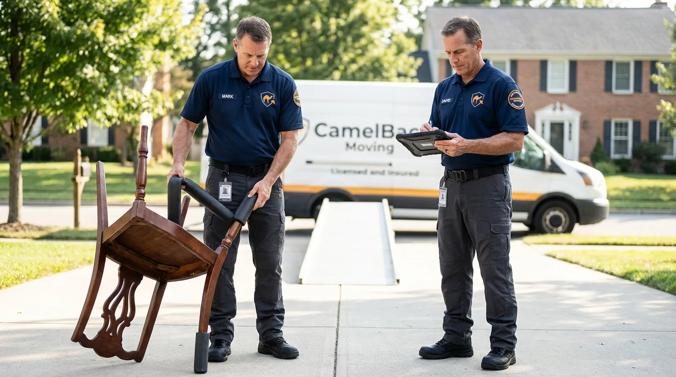 Movers inspecting furniture for damage prevention before loading in Wildwood, FL