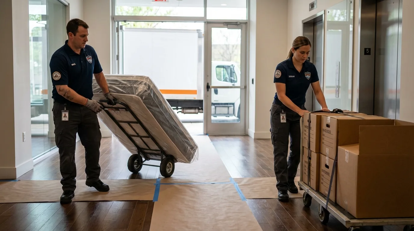 Professional apartment movers loading elevator in Wildwood, FL